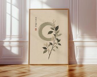 Japanese Enso Botanical Wall Art Print, Zen Circle Minimalist Decor, Japandi Nature Poster, Neutral Asian Ink Style Wall Art