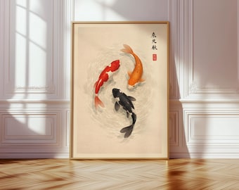 日本の鯉のポスター、ジャパンディ・インテリア、ミニマリストなアジアの壁アート、禅の水彩画、静かな池のプリント、モダンな東洋のアートワーク