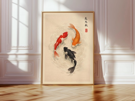 Japanese Koi Fish Poster, Japandi Decor, Minimalist Asian Wall Art, Zen Water Painting, Tranquil Pond Print, Modern Oriental Artwork