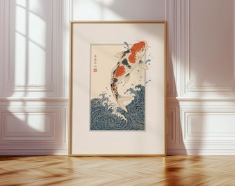 Japanese Koi Fish Wall Art Print, Ukiyo-e Wave Poster, Japandi Minimalist Decor, Zen Koi Artwork, Asian Water Art, Neutral Aesthetic Print