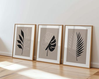 Conjunto minimalista de arte botánico para pared (3 piezas), láminas abstractas de hojas en tonos neutros, decoración escandinava para pared, conjunto de galería en beige y negro.