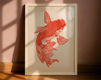 Japanese Koi Fish Wall Art Print, Vintage Minimalist Koi Illustration, Red Line Art, Japanese Style Decor, Zen Art Print, Asian Wall Art