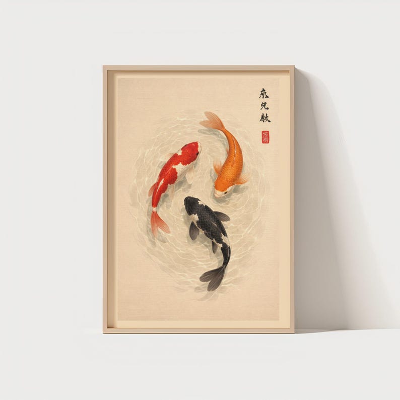 May include: Framed print featuring three koi fish in a circular pattern. One fish is red and white, another is orange, and the third is black and white. The background is a light beige with water ripples.