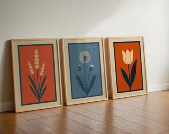 Mid Century Modern Botanical Prints Set of 3, Scandinavian Floral Wall Art, Bauhaus Flower Posters, Retro Orange Blue Gallery Wall Decor