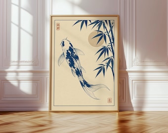 Arte mural japonés de peces koi, póster vintage de koi, decoración mural japonesa, lámina de peces ukiyo-e, arte azul índigo, lámina botánica asiática
