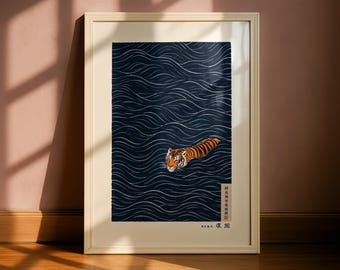 Japanese Minimalist Tiger Swimming Print, Vintage Ukiyo-e Style Wall Art, Minimalist Animal Poster, Asian Inspired Tiger Decor
