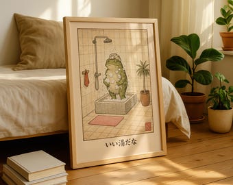 Japanese Frog Bathroom Wall Art, Funny Shower Frog Print, Vintage Woodblock Style Japandi Decor