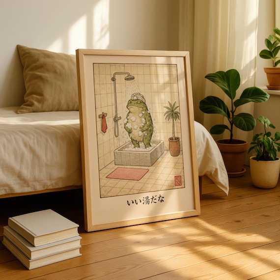Japanese Frog Bathroom Wall Art, Funny Shower Frog Print, Vintage Woodblock Style Japandi Decor