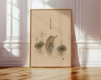 Japanese Tiger Lotus Wall Art Print, Japandi Zen Decor, Minimalist Asian Botanical Artwork, Neutral Calm Nature Poster, Vintage Home Decor