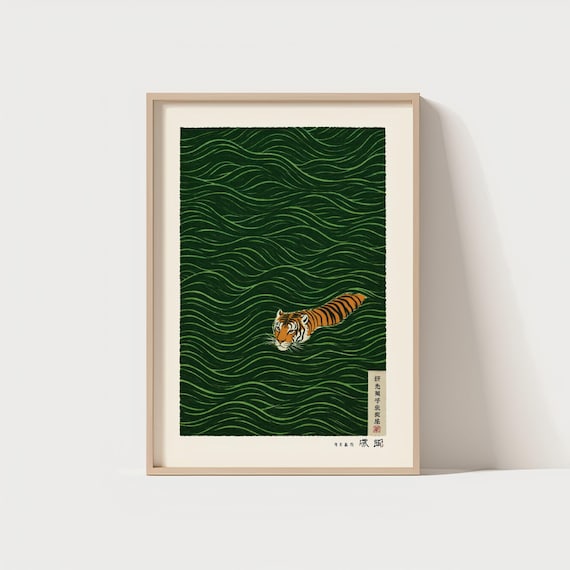 Japanese Tiger Wall Art, Green Japandi Print, Nature Inspired Minimalist Animal Artwork, Vintage Ukiyo-e Style Wall Art