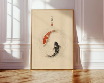 Koi Fish Yin Yang Wall Art Print, Japanese Japandi Decor, Minimalist Zen Artwork, Neutral Asian Wall Art, Calming Home Decor