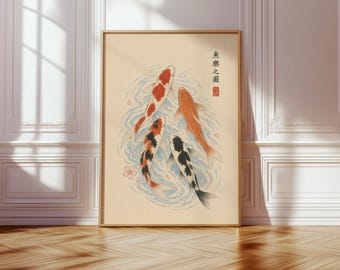 Arte japonés de la pared del pez Koi, impresión Ukiyo-e Koi, decoración de la pared japonesa, cartel vintage de Koi, arte Koi azul, impresión de arte asiático