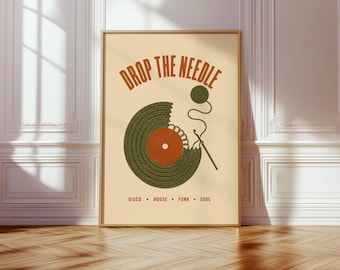 Póster enrollado Drop the Needle / Arte de discos de música disco vintage, Funk Soul House