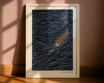 Japanese Tiger Swimming Wall Art Print, Minimalist Ukiyo-e Style Ocean Poster, Vintage Asian Inspired Animal Decor