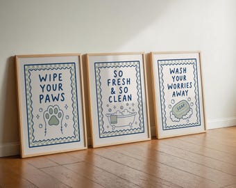 Bathroom Wall Art Set of 3, Funny Bathroom Decor, Blue Bathroom Prints, Farmhouse Bathroom Signs, Powder Room Decor, Guest Bathroom Wall Art