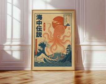 Lámina decorativa japonesa de pulpo para pared, póster Ukiyo-e del océano, decoración del Monte Fuji, arte vintage de monstruos marinos, lámina costera japonesa.