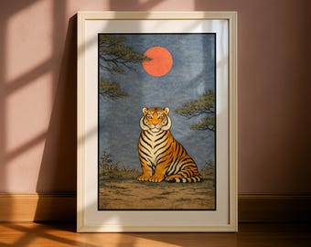Japanese Tiger Wildlife Wall Art Print – Ukiyo-e Style Blue Japandi Artwork, Vintage Asian Animal Poster