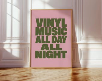 Vinyl Music All Day All Night Print, Retro Typography Poster, Minimalist Music Wall Art, Bold Text Print, Mid Century Modern Decor