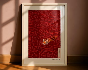 Japanese Minimalist Tiger Swimming Wall Art – Red Ukiyo-e Style Animal Print, Asian Inspired Decor