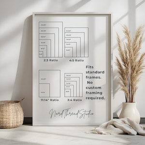 May include: A white framed print displays frame size ratios: 2:3, 4:5, 11:14, and 3:4. The print includes text that reads "Fits standard frames. No custom framing required." The Nord Thread Studio logo is at the bottom.