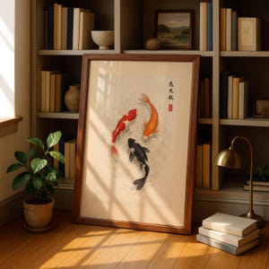 May include: Framed artwork featuring three koi fish in shades of red, orange, and black swimming in a circular pattern. The artwork is set against a cream-colored background and framed in a dark brown wooden frame. The artwork is displayed in a room with a bookshelf.