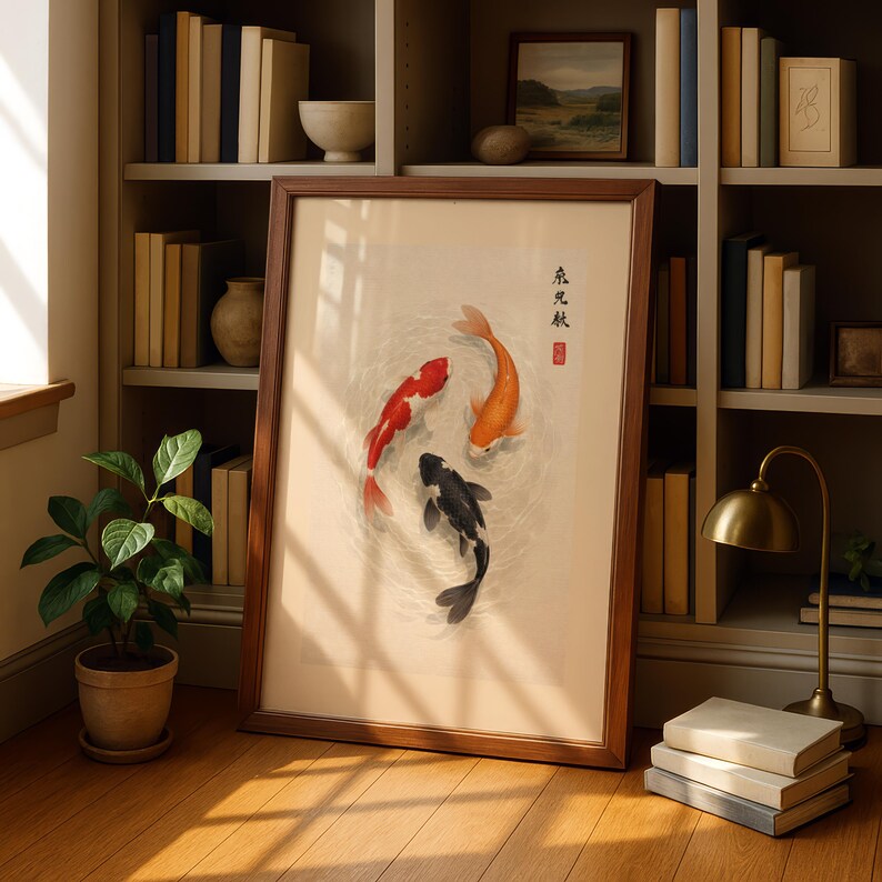 May include: Framed artwork featuring three koi fish in shades of red, orange, and black swimming in a circular pattern. The artwork is set against a cream-colored background and framed in a dark brown wooden frame. The artwork is displayed in a room with a bookshelf.