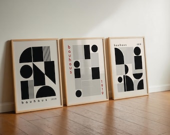 Bauhaus Wall Art Set of 3, Mid Century Modern Prints, Black and White Geometric Posters, Minimalist Abstract Art, Scandinavian Decor