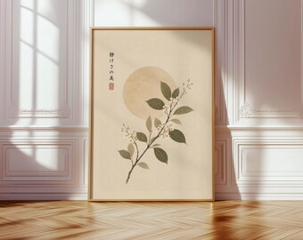 Japanese Botanical Wall Art Print, Japandi Minimalist Decor, Zen Nature Poster, Neutral Floral Artwork, Asian Ink Style Wall Decor