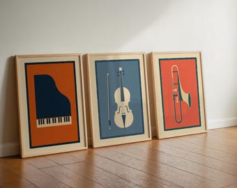 Mid Century Modern Music Prints Set of 3, Retro Instrument Wall Art, Bauhaus Music Posters, Minimalist Jazz Decor