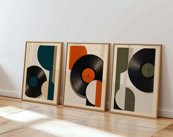 Mid Century Modern Music Prints Set of 3, Bauhaus Vinyl Record Wall Art, Retro Scandinavian Poster Set, Minimalist Record Player Decor