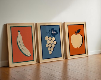 Retro Kitchen Prints Set of 3, Minimalist Fruit Wall Art, Mid Century Modern Kitchen Decor, Vintage Style Posters