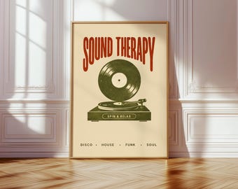 Sound Therapy Print – Retro Vinyl Music Poster, Minimalist Mid Century Record Wall Art, Trendy Bar & Home Decor