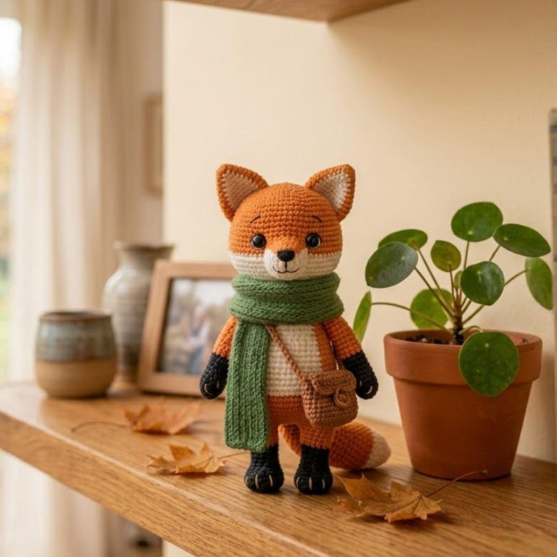 May include: A crocheted fox doll with orange, white, and black details, wearing a green scarf and a small brown satchel. The fox is standing on a wooden shelf with autumn leaves, near a potted plant and a framed picture.