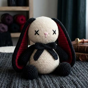 Handmade Gothic Crochet Bunny Plush, Kawaii Emo Rabbit Doll, Cute Amigurumi Bunny Toy, Soft Dark Aesthetic Plush Gift