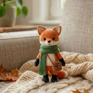 May include: A crocheted fox doll with orange, white, and black details. The fox wears a green scarf and a small brown bag. The doll is sitting on a cream-colored knitted blanket.