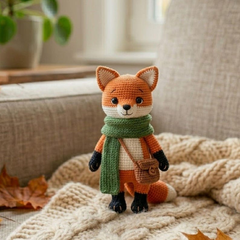 May include: A crocheted fox doll with orange, white, and black details. The fox wears a green scarf and a small brown bag. The doll is sitting on a cream-colored knitted blanket.