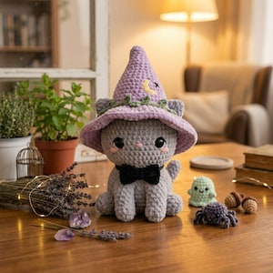 May include: A gray crocheted cat wearing a purple witch hat with a crescent moon and a black bow tie. The cat is surrounded by other crocheted Halloween-themed items, including a spider, ghost, and acorns. The cat is sitting on a wooden table.