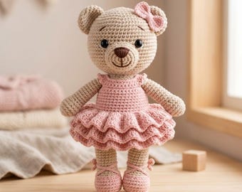 Crochet Bear Ballerina Plush, Handmade Teddy Doll, Pink Tutu Amigurumi Toy, Nursery Decor Gifts, Cute Girl Bear, Soft Baby Room Accent Decor