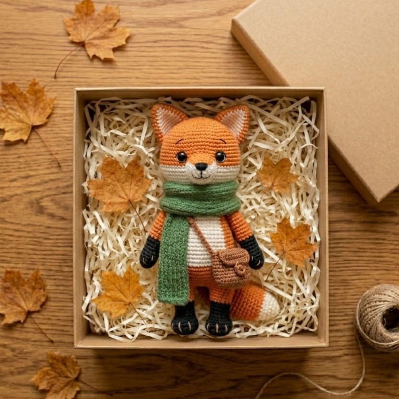 May include: A crocheted fox toy with orange, white, and black details, wearing a green scarf and a small brown bag. The fox is nestled in a cardboard box filled with paper filler and surrounded by autumn leaves. A spool of twine is visible.