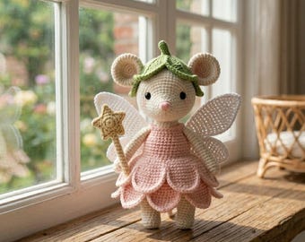 Crochet Fairy Mouse Doll, Handmade Flower Mouse Plush, Amigurumi Woodland Princess, Nursery Decor Gifts, Whimsical Room Accent Toy for Girls