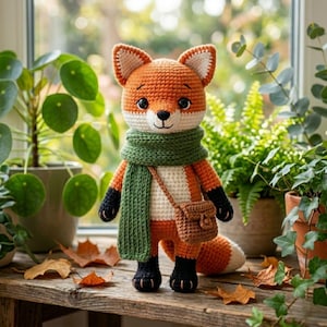 Muñeco de zorro de ganchillo, peluche de zorro amigurumi hecho a mano, lindo juguete de animal del bosque, regalo de zorro con bufanda, decoración del bosque, peluche kawaii, artículo físico