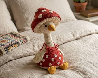 Crochet Goose Plush Doll, Handmade Mushroom Duck Amigurumi, Physical Stuffed Toy, Baby Nursery Decor, Woodland Baby Shower Gifts, Baby Gifts