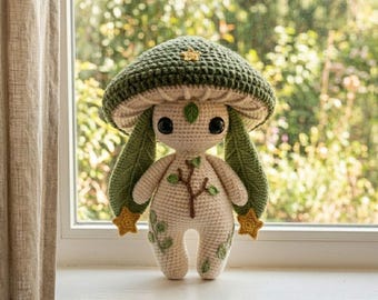 Forest Spirit Plush, Handmade Crochet Doll, Woodland Moss Hat, Leaf Bag, Cute Nature Amigurumi, Gift for Plant Lovers, Home Decor, Cute Toy