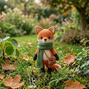 May include: A crocheted fox doll with orange, white, and black details. The fox wears a green scarf and a small brown satchel. It stands in a garden setting with green grass and fallen leaves, creating a whimsical, handmade aesthetic.