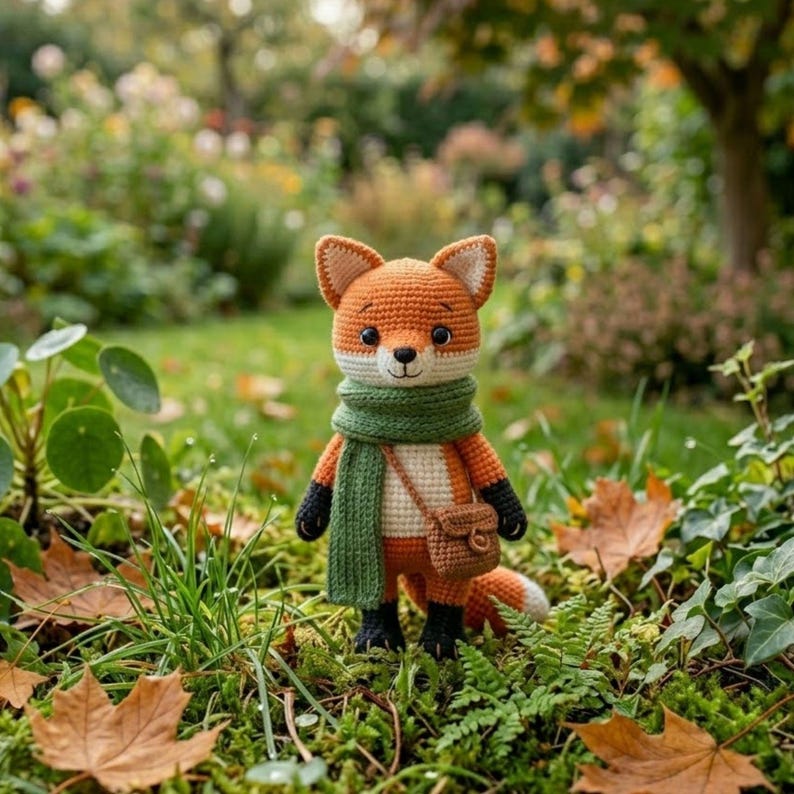 May include: A crocheted fox doll with orange, white, and black details. The fox wears a green scarf and a small brown satchel. It stands in a garden setting with green grass and fallen leaves, creating a whimsical, handmade aesthetic.