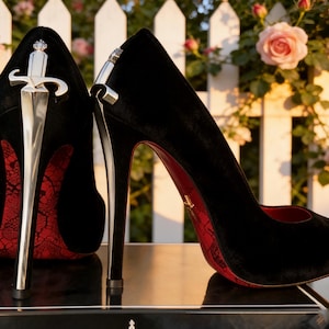 Zwarte leren stiletto's met zwaardhak | Rode voeringpompen | Geklede schoenen voor bruiloftsgasten Valentijnsdag, pas persoonlijke tags of namen aan