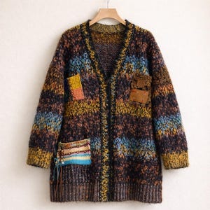 Cárdigan de mohair hecho a mano, de corte relajado, con hombros caídos, cuello en V y botones, estilo bohemio, cómodo y extragrande.