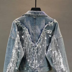 Women’s Crystal Fringe Denim Jacket, Rhinestone Tassel Jean Jacket, Cropped Oversized Denim Coat