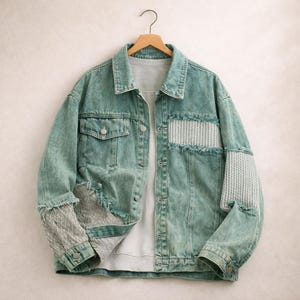 Sage Green Upcycled Patchwork Denim Jacket, Unisex Mixed Fabric Knit Sleeve Jacket, Vintage Wash Cropped Jean Jacket