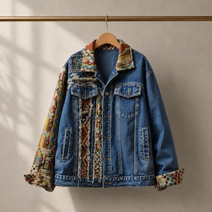 Folk Mosaic Denim Jacket | Handmade Reworked Denim | Tapestry Patchwork Jean Jacket | Boho Denim Jacket